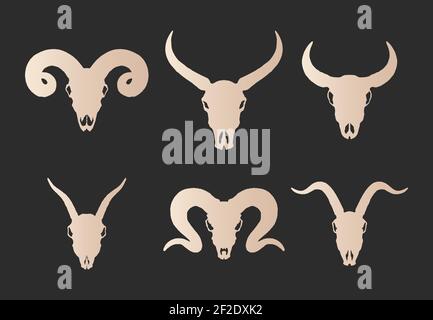 Vector set of six hand drawn gold silhouettes skulls of horned animals: wild buffalo, bull, goat and ram on black background. For you design, print, t Stock Vector