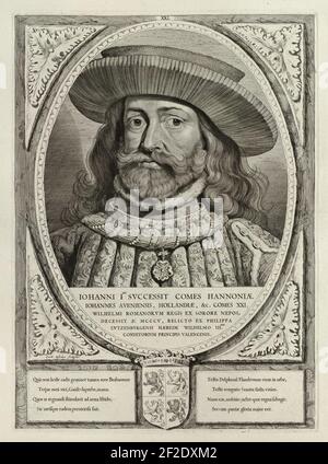 Portret van Jan II, graaf van Holland, met een keten om de hals en een hoed. De omlijsting is versierd met het wapen van Holland. Stock Photo