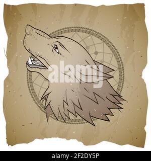 Vector illustration with wolf's head and dreamcatcher on grange background. Howling wolf. Stock Vector