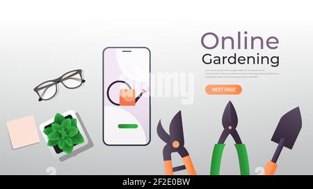 garden and farm tools on smartphone screen eco smart farming management online gardening concept horizontal copy space vector illustration Stock Vector