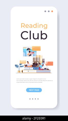 mix race students reading books with female teacher in web browser window online book club concept vertical copy space vector illustration Stock Vector