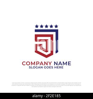 Modern initial letter J logo shield design vector with line art style, best for military, american, strong logo brand Stock Vector