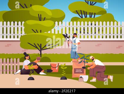 gardeners taking care of plants people working together planting gardens flowers in backyard gardening concept full length horizontal vector illustration Stock Vector