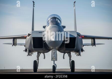 Valparaiso, United States. 11th Mar, 2021. A new U.S. Air Force F-15EX Strike Eagle, next generation fighter jet is parked on the ramp at Eglin Air Force Base March 11, 2021 in Valparaiso, Florida. Credit: Planetpix/Alamy Live News Stock Photo