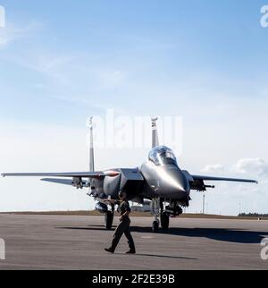 Valparaiso, United States. 11th Mar, 2021. A new U.S. Air Force F-15EX Strike Eagle, next generation fighter jet is taxied to parking on the ramp at Eglin Air Force Base March 11, 2021 in Valparaiso, Florida. Credit: Planetpix/Alamy Live News Stock Photo