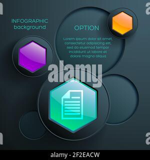 Abstract business infographics with colorful glossy hexagonal web elements dark circles and note icon vector illustration Stock Vector