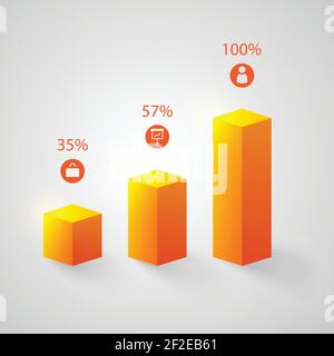 Business abstract infographic concept with 3d orange bars three options icons and percentage isolated vector illustration Stock Vector
