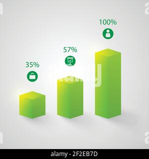 Business web chart infographic template with 3d green columns three steps icons and percentage isolated vector illustration Stock Vector