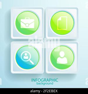 Abstract business infographics with icons round glossy colorful buttons in square frames on light background vector illustration Stock Vector
