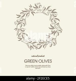 Abstract floral round wreath light poster with text and green olives branches in sketch style vector illustration Stock Vector