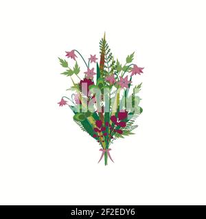 Romantic bouquet with meadow flowers, blades of grass, twigs and sprigs in violet cup. Wildflowers, field herbs, cereal and grass elements. Vector sum Stock Vector
