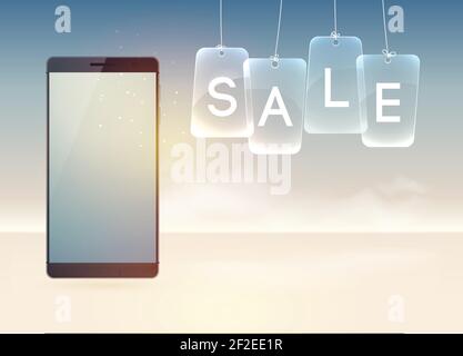 Digital technology advertising template with realistic modern smartphone and glass Sale inscription on light background vector illustration Stock Vector