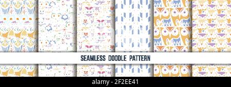Set of seamless doodle owl patterns. Cute print collection for kids, scrap and other. Vector endless illustrations Stock Vector