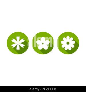White flat icon of flower with shadow in green circle. Bloom set isolated on white. Vector illustration. Eco style. Nature flower symbol. Stock Vector