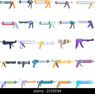 Silicone caulk gun icons set. Cartoon set of silicone caulk gun vector icons for web design Stock Vector