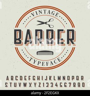 Barber vintage typeface poster with sample label design on grey Stock Vector