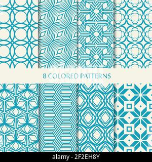 Set of eight seamless chevron patterns in blue and white colors with collection of different stylish shapes and chevron repeating elements vector illu Stock Vector