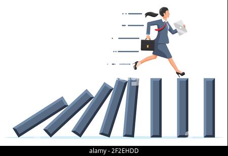 Businesswoman running away from falling domino. Domino chain reaction effect in business. Crisis management, finance intervention, tax, debt, fee and bankruptcy. Vector illustration in flat style Stock Vector