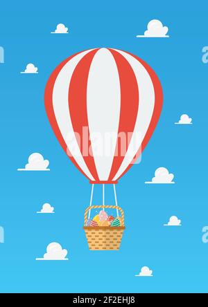Balloon with basket full of easter eggs and rabbit. vector illustration. Stock Vector