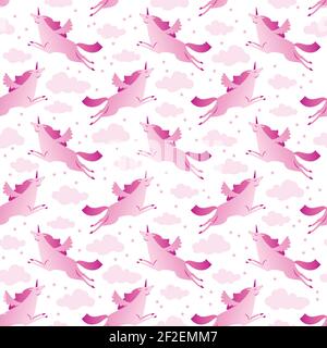 Unicorns pink and white seamless pattern with clouds and stars flat vector illustration Stock Vector