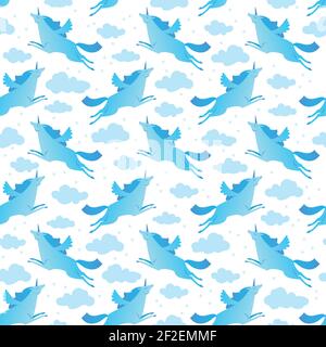 Unicorns blue and white seamless pattern with sky and stars flat vector illustration Stock Vector