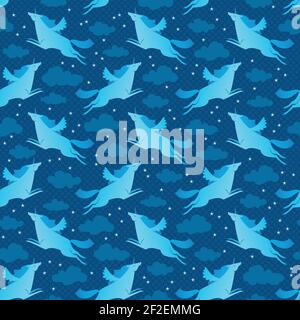 Flying unicorns blue seamless pattern with sky and stars flat vector illustration Stock Vector