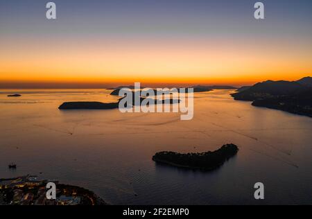 Aerial drone shot of post sunset over Adriatic sea view from Babin Kuk hill in Dubrovnik Croatia summer Stock Photo