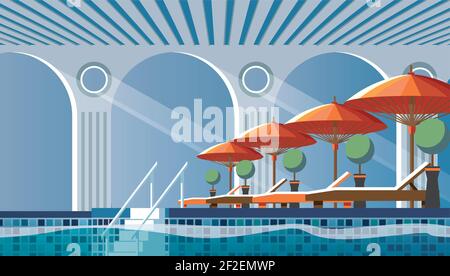 Poolside flat composition with sunbeds Stock Vector