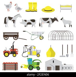 Farm flat icons set with livestock and agricultural tools isolated Stock Vector