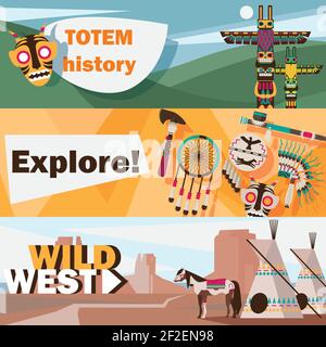 American indians wild west flat banner set isolated Stock Vector