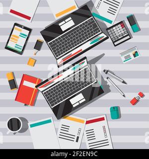 Office table with notebooks top view flat Stock Vector
