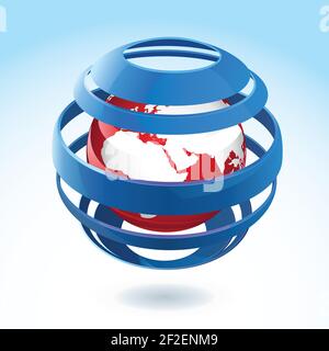 Black and red earth globe icon with blue ribbon around on background with gradient effect 3d vector illustration Stock Vector