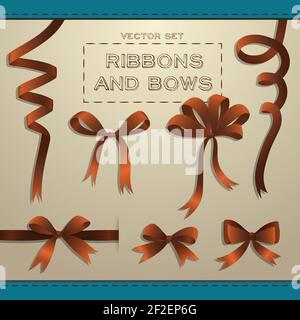 Big set of brown ribbons and bows for gift boxes on beige background flat isolated vector illustration Stock Vector