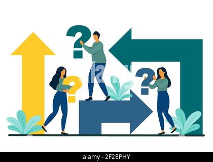 A group of people holding a question mark in their hands with direction arrows around. Decision making and work strategy concept. Flat style vector il Stock Vector