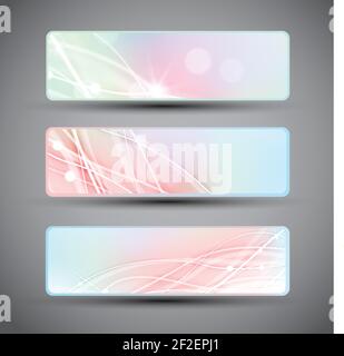 Three horizontal banners with abstract lines and bokeh pattern in pastel colors isolated on grey background with dark corners flat vector illustration Stock Vector