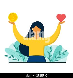 Girl decides between career and health. Work and life or health balance concept. Flat style vector illustration. Stock Vector