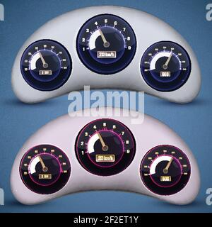 Two isolated speedometer interface icon set with three dials on the cars speedometers vector illustration Stock Vector