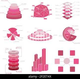 Big set of diagram elements with isolated several shades of red and different types charts vector illustration Stock Vector