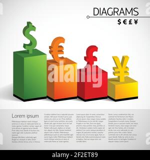 Business 3d bar chart template with text fields and correlation of exchange rates vector illustration Stock Vector