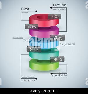 Realistic 3d business diagram template with text fields and percentage ratio colored vector illustration Stock Vector