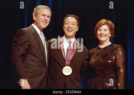 President George W. Bush and Laura Bush attend the arts and humanities awards ceremony with Yo-Yo Ma. Stock Photo