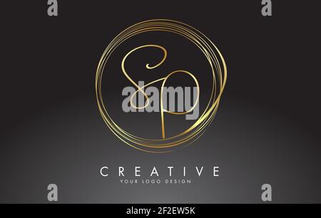 Handwritten SP S P Golden Letters Logo with a minimalist design. SP Icon with Circular Golden Circles. Creative Stamp Vector Illustration with letters Stock Vector