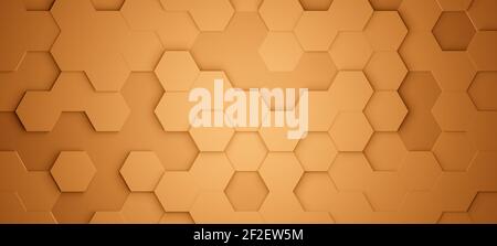 Hexagons or honeycombs tiles, 3D rendering, orange hexagonal wallpaper, network connection concept, geometric illustration, abstract background Stock Photo