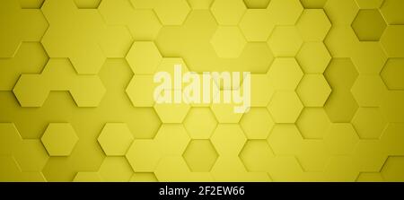 Hexagons or honeycombs tiles, 3D rendering, yellow hexagonal wallpaper, network connection concept, geometric illustration, abstract background Stock Photo