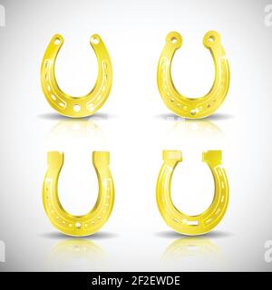 Golden realistic isolated horseshoe icon set with realistic shadows on whote background vector illustration Stock Vector