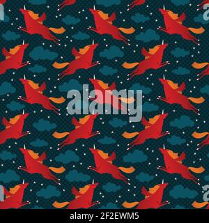 Flying red unicorns seamless pattern with clouds and stars flat vector illustration Stock Vector