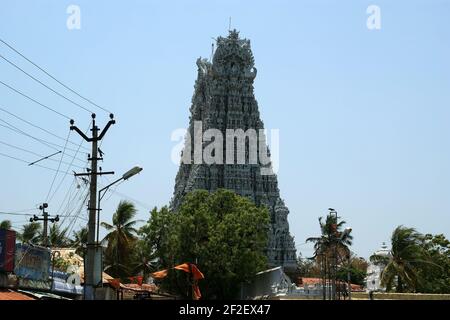 Suchindram temple dedicated to the gods Shiva, Vishnu and Brahma, protected by UNESCO. Kanniyakumari, Tamil Nadu, South India Stock Photo