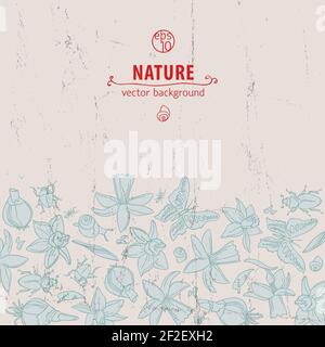Hand drawn doodle background with different flowers at the bottom on gray fond vector illustration Stock Vector