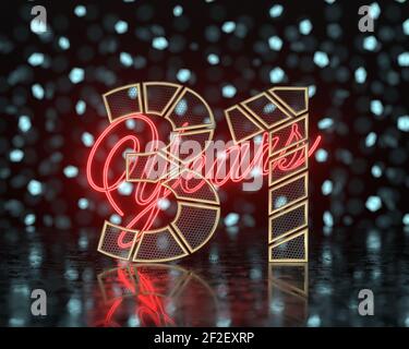Golden number thirty-one (number 31) cut into perforated gold segments with  inscription years with a background of glowing blurred shapes. 3D illustr Stock Photo