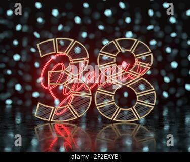 Golden number thirty-eight (number 38) cut into perforated gold segments with  inscription years with a background of glowing blurred shapes. 3D illus Stock Photo